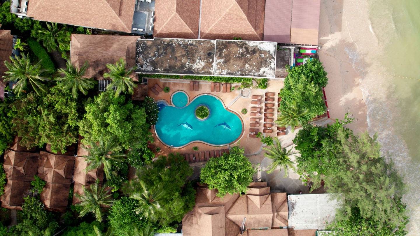 Pool and main building from above — Sand Sea Resort