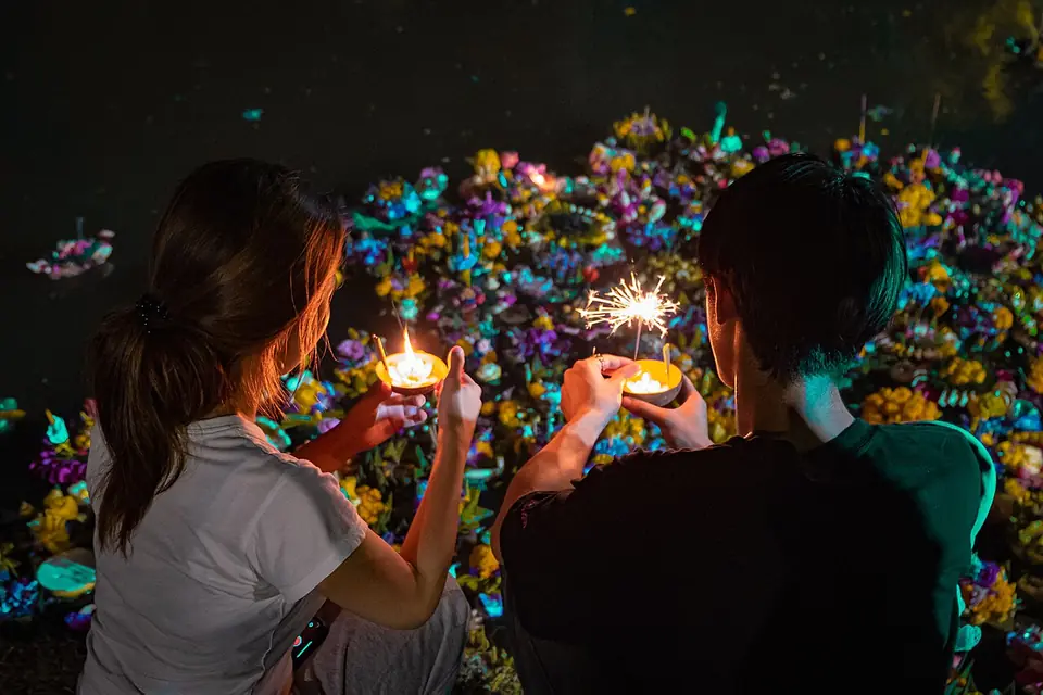 Floating krathongs on Loy Krathong night