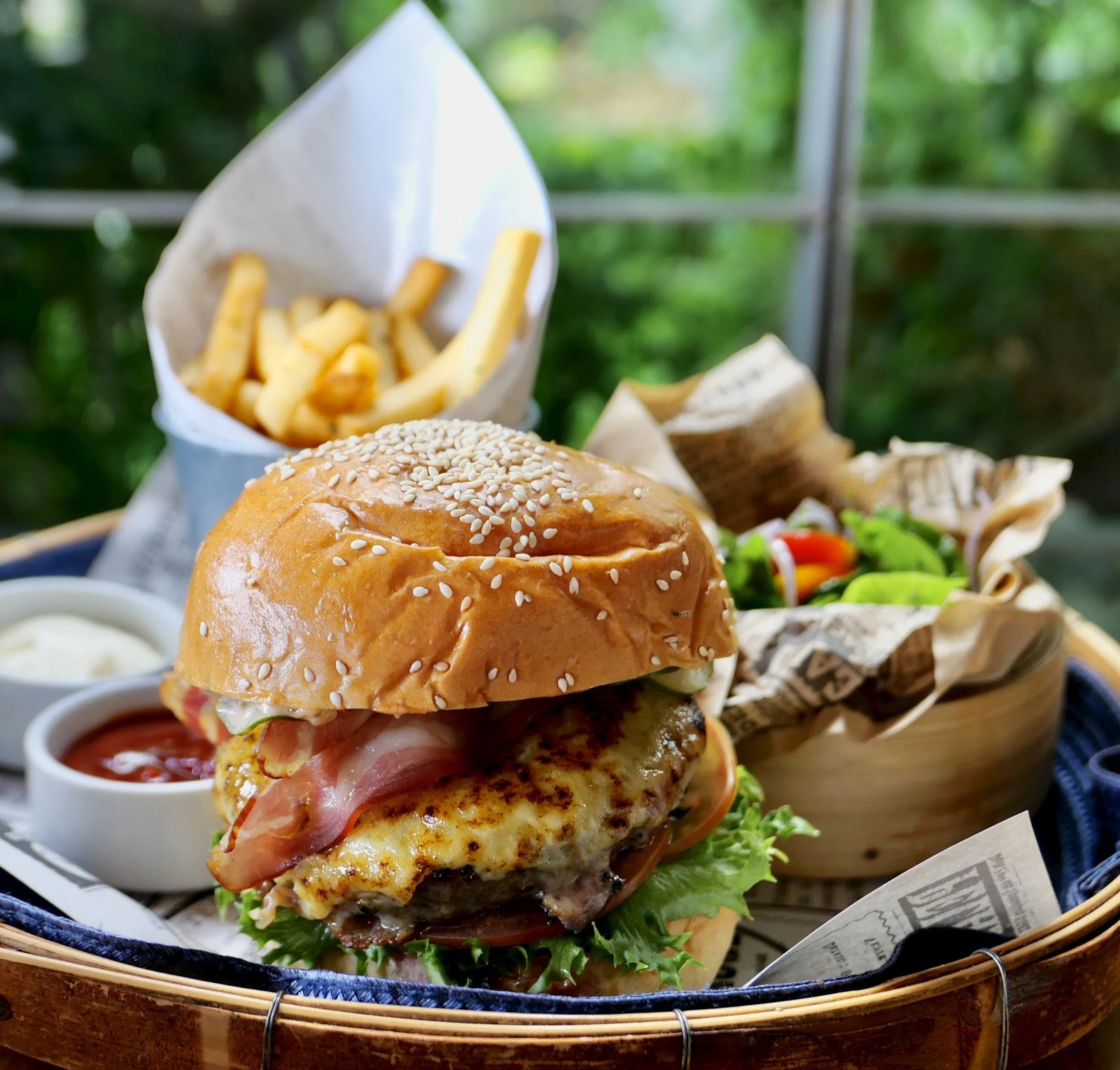 A burger with fries — Dr Frogs Bar & Grill