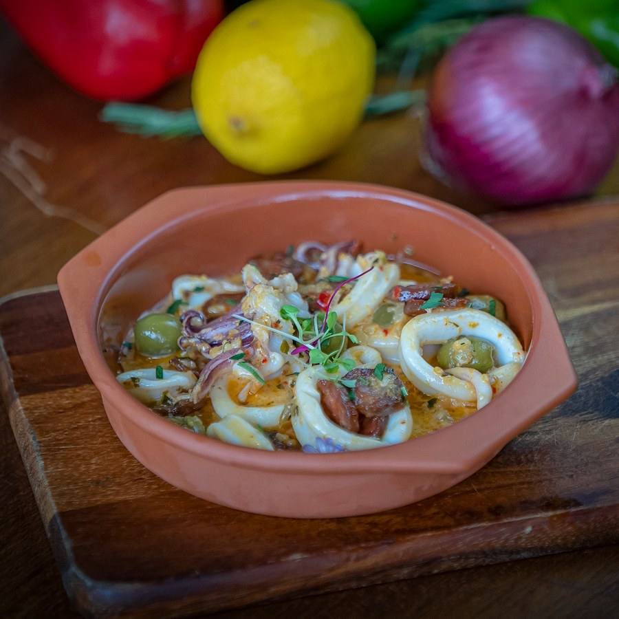 Calamari with chorizo and olives, tapas menu 2025 — The Cliff Bar & Grill